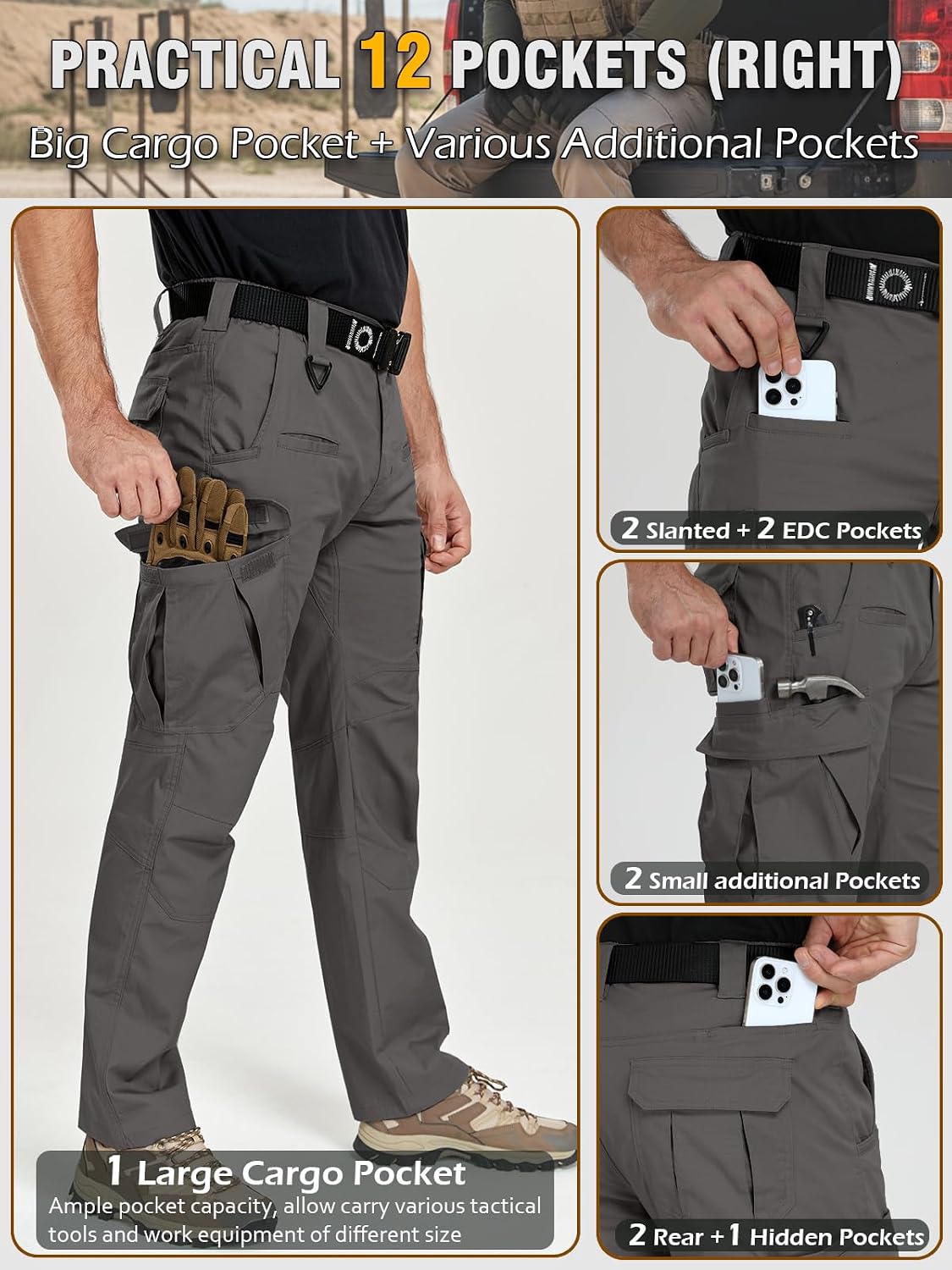 CARWORNIC Men's Stretch Cargo Work Pants Flex Ripstop Water Resistant Utility Tactical Hiking Pants with 12 Pockets