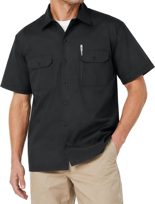 Breathable Cotton Blend Work Shirt for Men Button Up Short Sleeve 2 Pockets