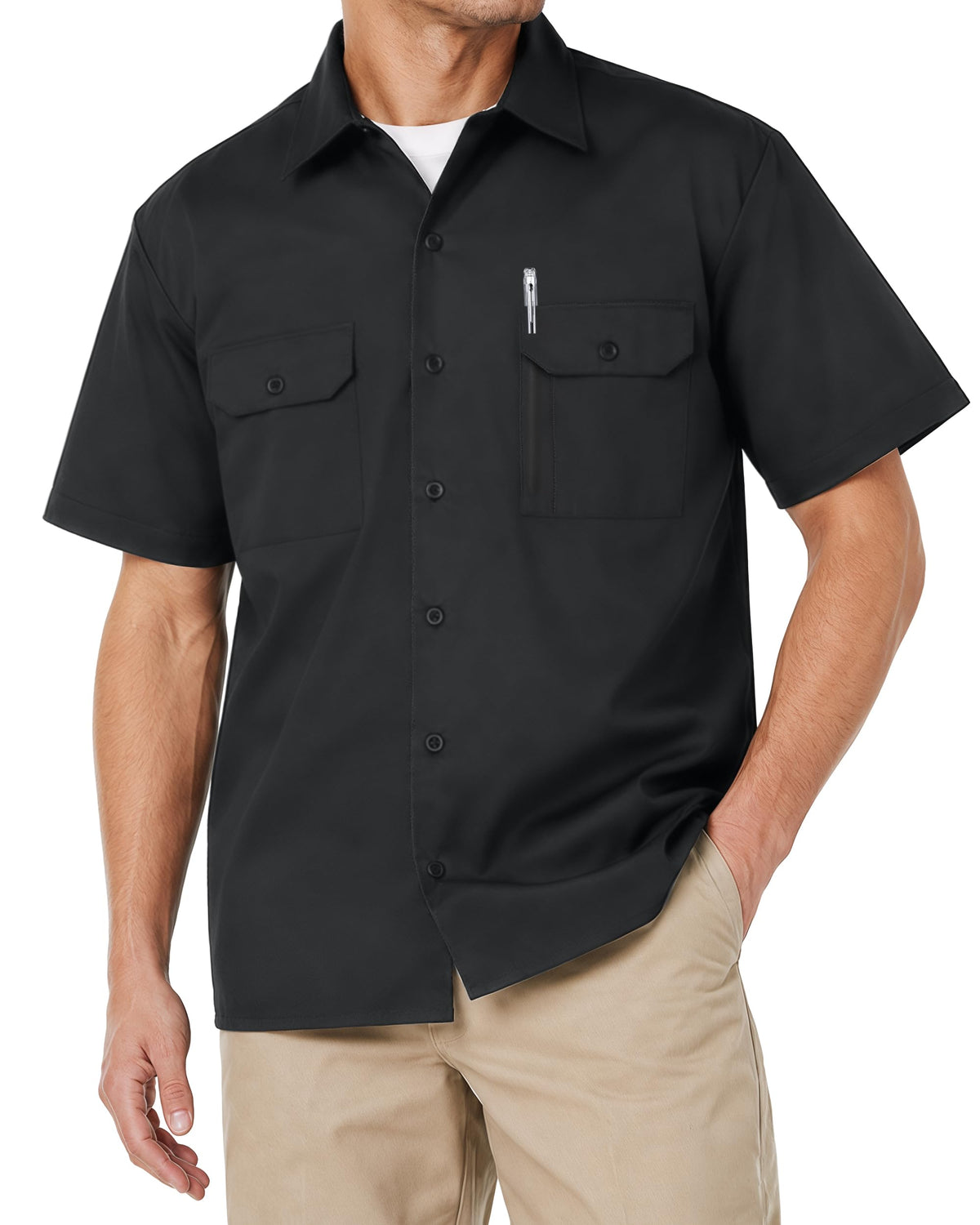 Breathable Cotton Blend Work Shirt for Men Button Up Short Sleeve 2 Pockets