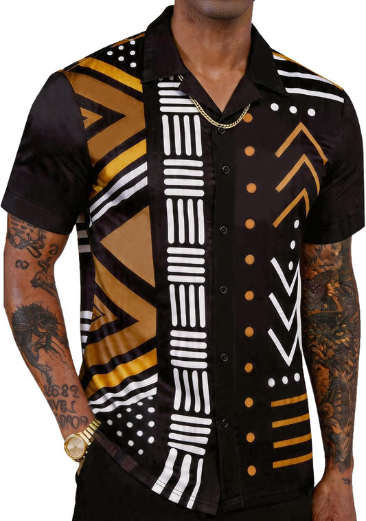 Mens African Dashiki Kente Printed Cuban Collar Button Down Shirts