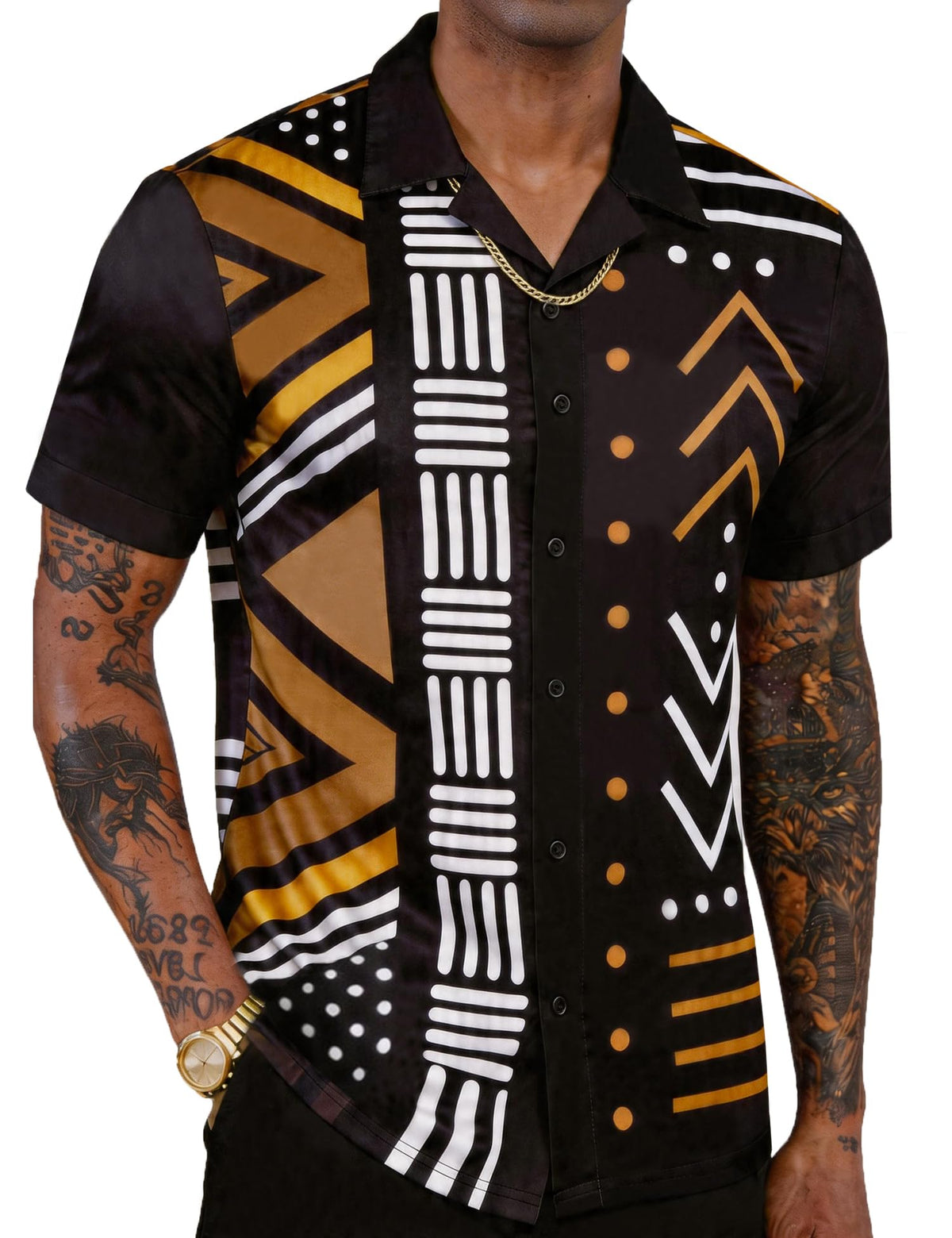 Mens African Dashiki Kente Printed Cuban Collar Button Down Shirts