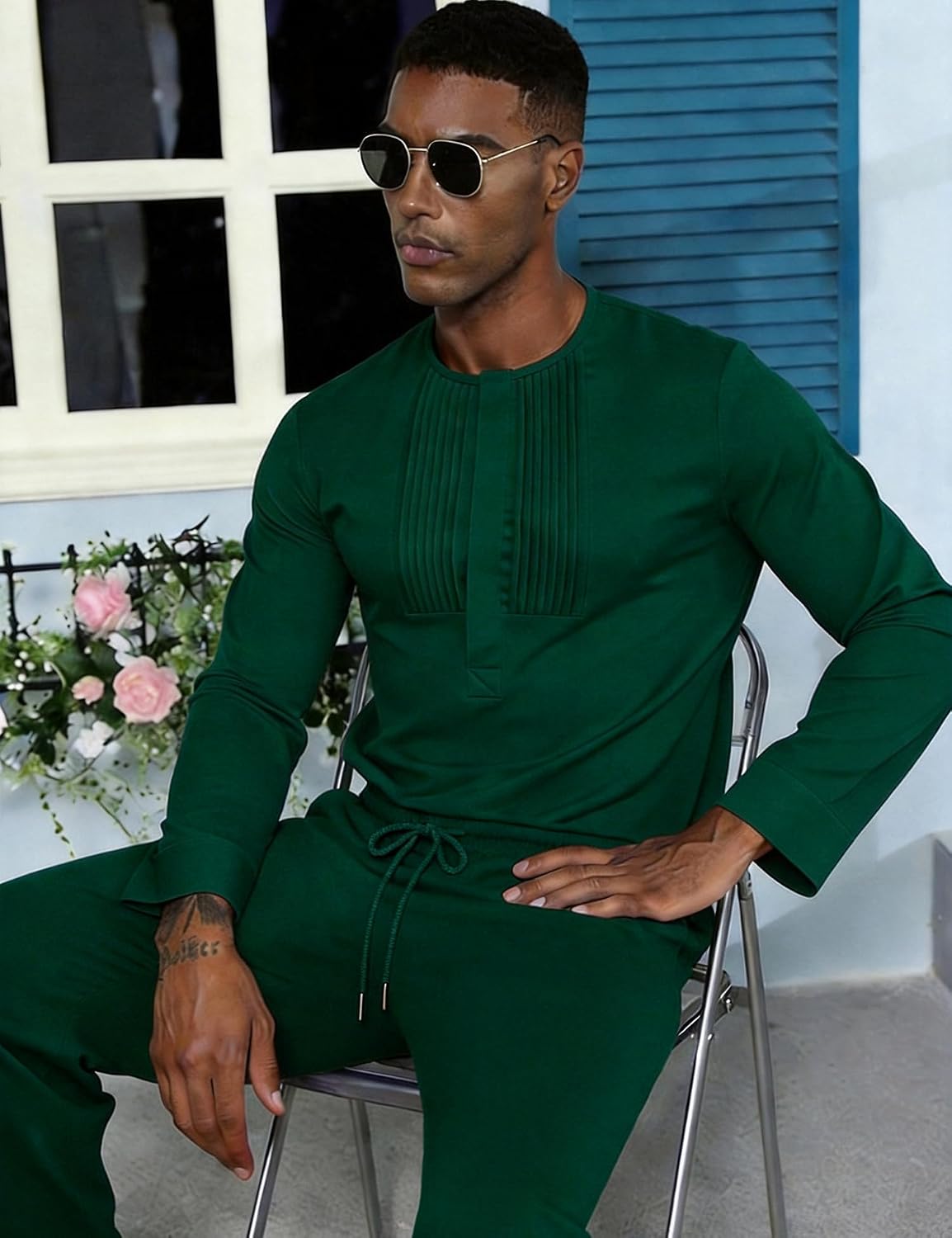 Mens African 2 Piece Set Dashiki Suit Pleated Snap Button Outfit