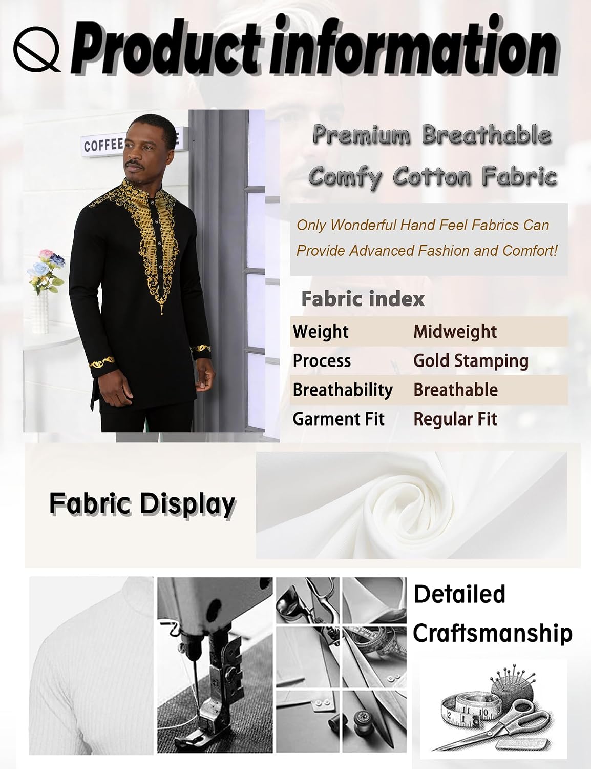 Mens Nigerian Dashiki Shirt African Print Tunic Top Button Placket Metallic Gold Stamp Traditional Clothing for Wedding Party