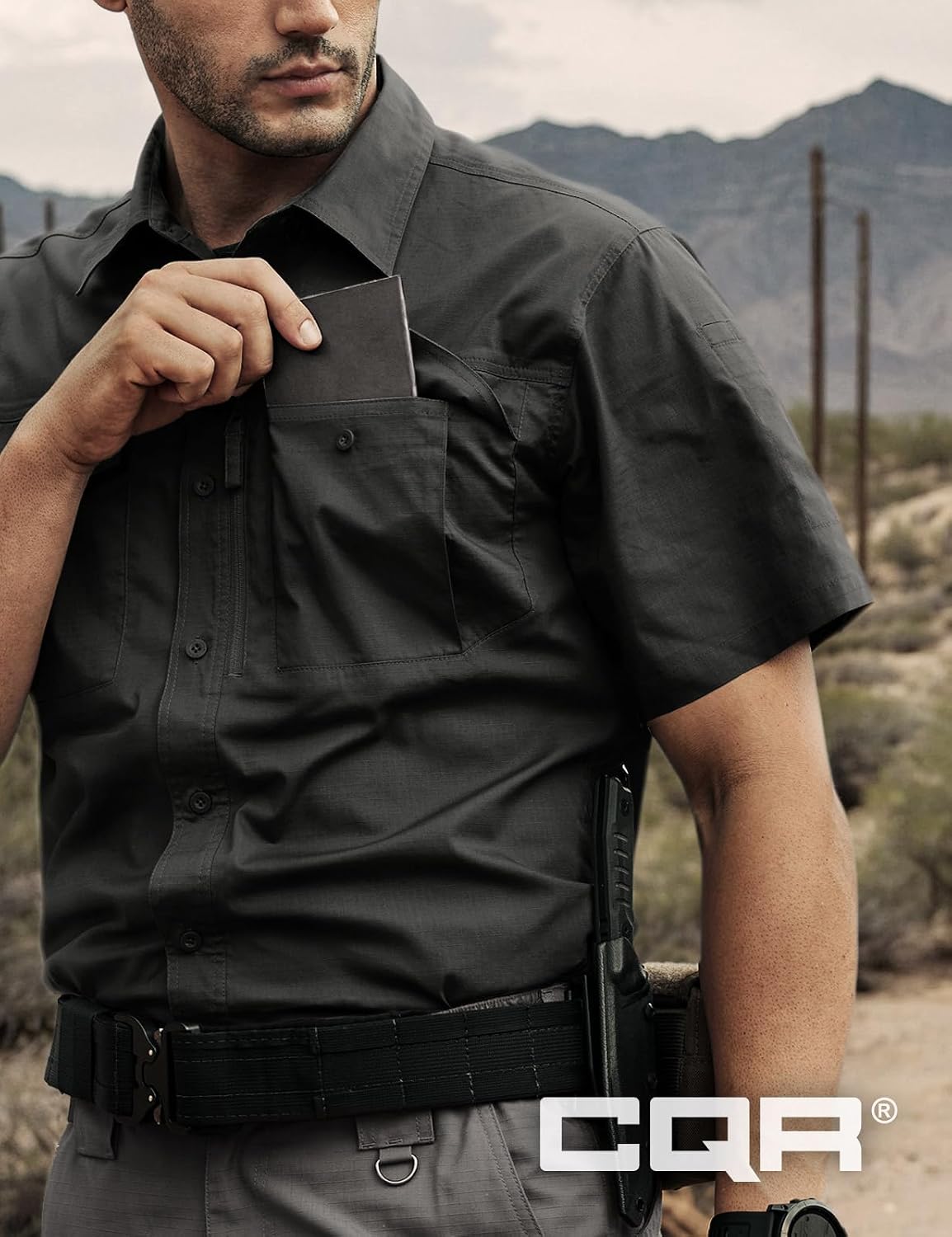 CQR Men's Short Sleeve Tactical Shirts, UPF 50+ Ripstop Military Work Shirts, Breathable Button Down Outdoor Hiking Shirt