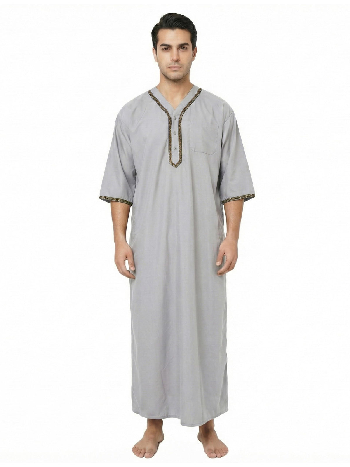 Mens Kaftan Thobe V-Neck Half Sleeve Muslim Robe Dubai Long Gown Saudi Arab Thobe Robes for Summer Beach