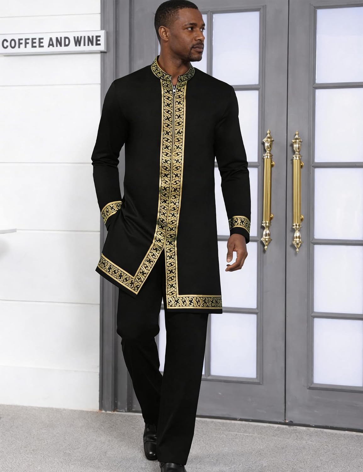 Mens African 2 Piece Set Nigerian Dashiki Shirt and Pants Outfit Gold Metallic Traditional Suit for Wedding Party Vacation