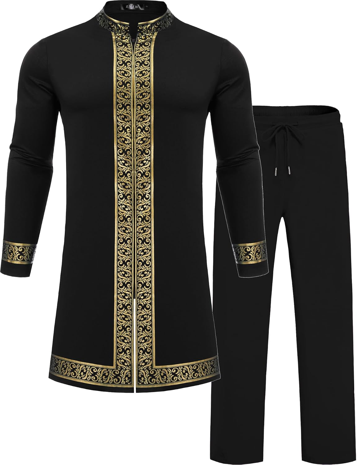 Mens African 2 Piece Set Nigerian Dashiki Shirt and Pants Outfit Gold Metallic Traditional Suit for Wedding Party Vacation