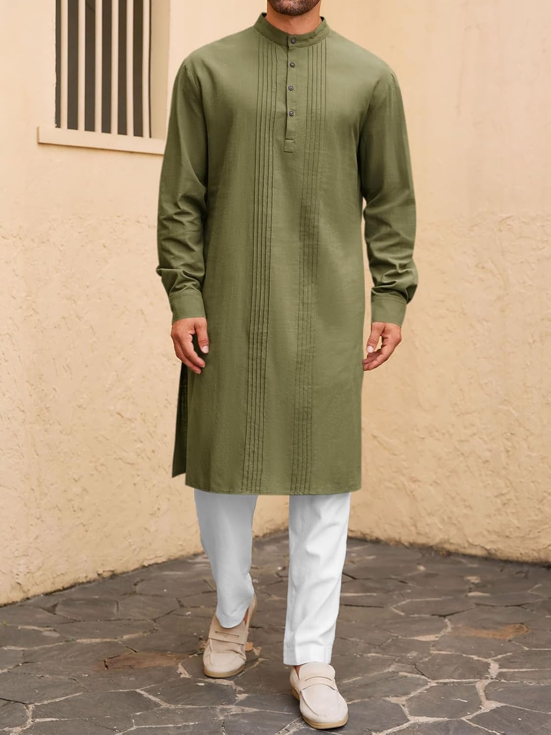 Runcati Mens Kaftan Robe Button Down Long Sleeve Cotton Linen kurta