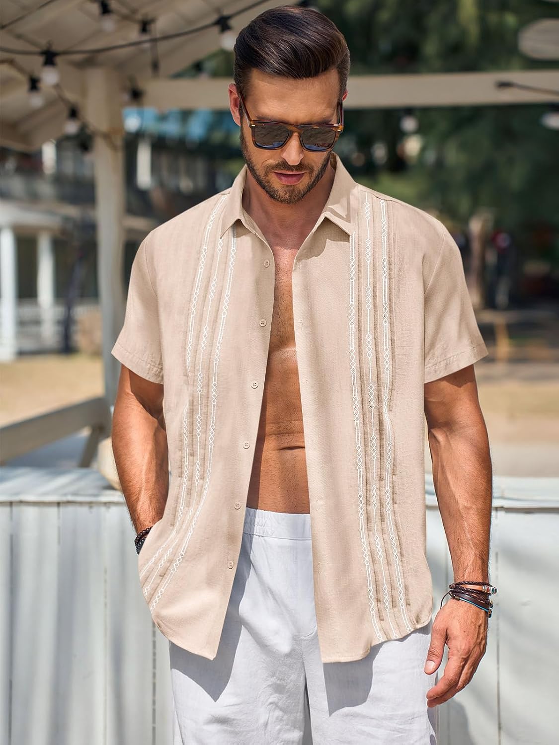 Runcati Mens Short Sleeve Guayabera Shirts Linen Button Down Cuban Shirt