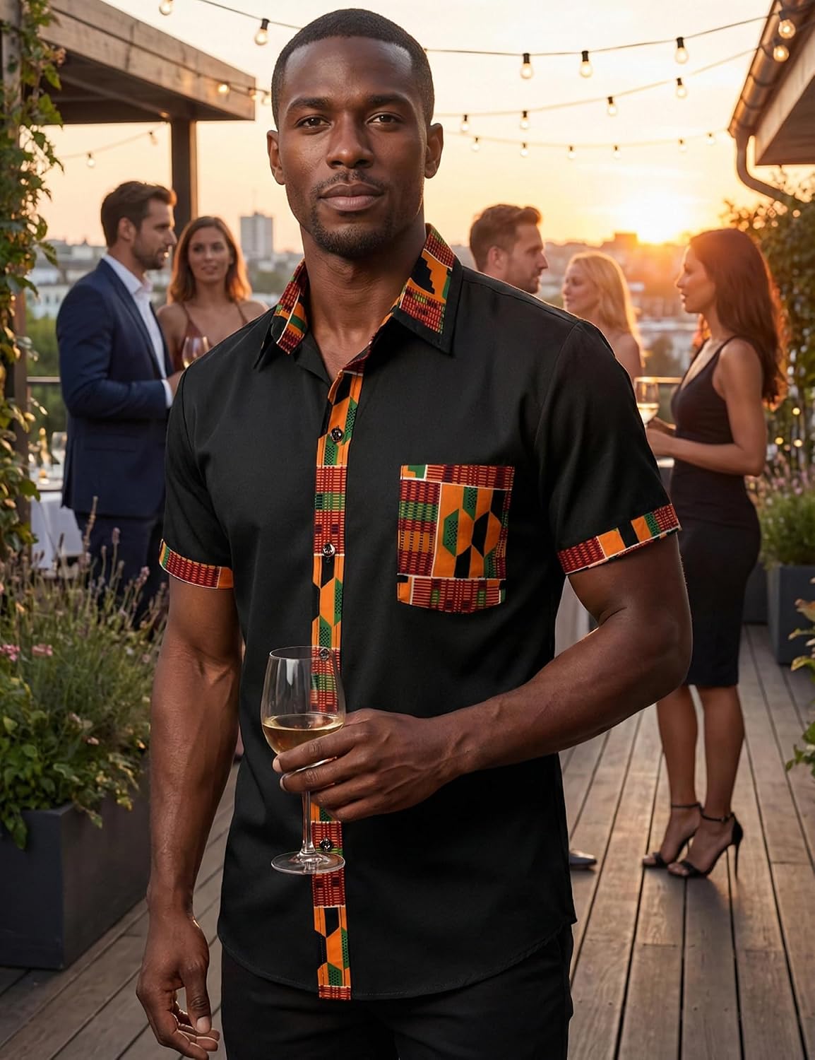 LucMatton Men's African Short Sleeve Button Down Dress Shirt