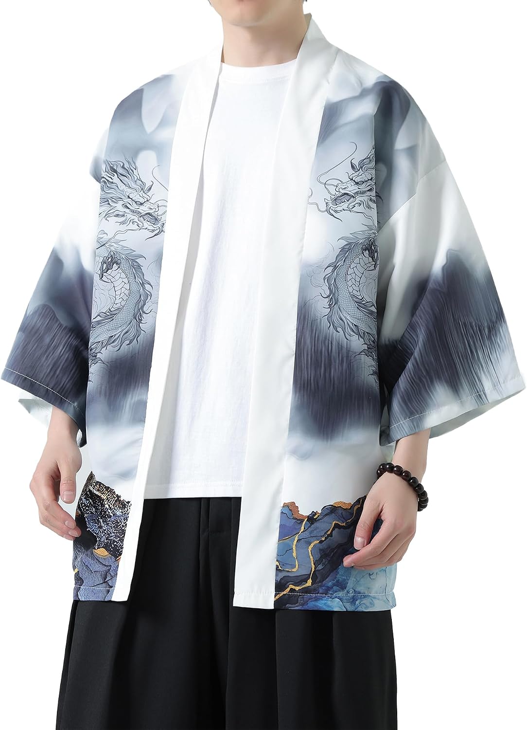 Men's Kimono Cardigan Jacket Japanese Kimono Shirt 3/4 Sleeve Printed Haori