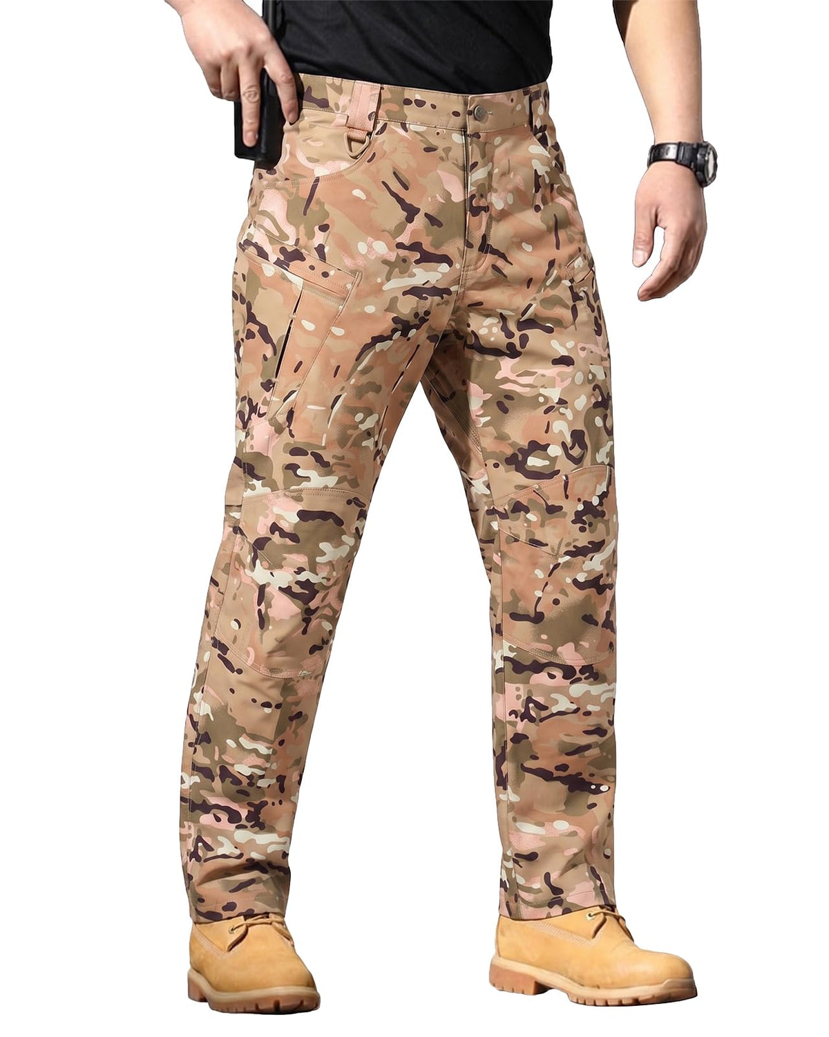 Men's Stretch Tactical Pants Waterproof Ripstop Fabric Cargo Pants Lightweight Casual Hiking Outdoor Work Pants (No Belt)