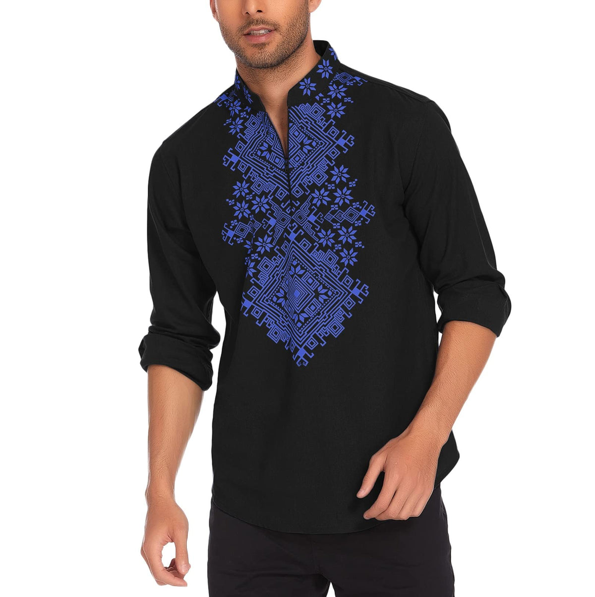 COOFANDY Men's Henley Shirt Vyshyvanka Long Sleeve African Print Shirts Casual Zip Up Cotton Linen Beach Hippie Shirt