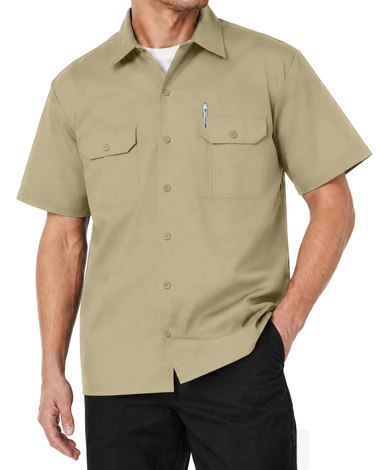Breathable Cotton Blend Work Shirt for Men Button Up Short Sleeve 2 Pockets