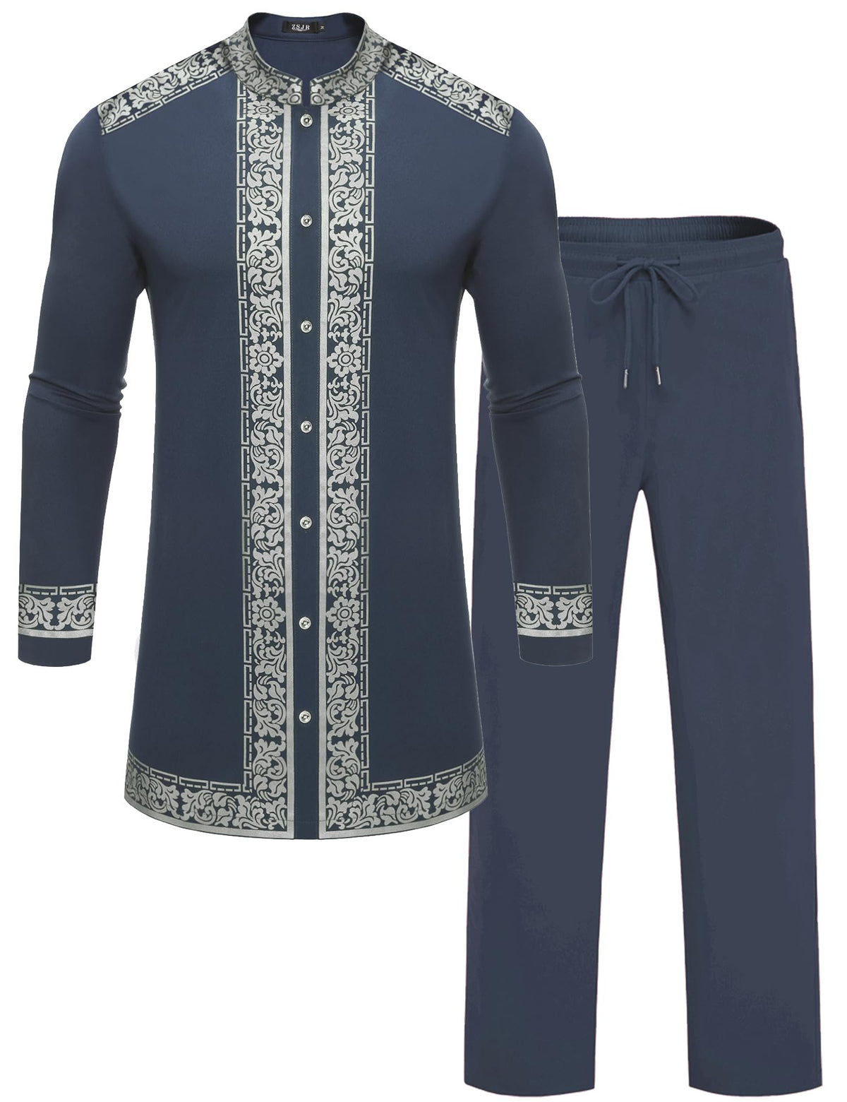 Mens African 2 Piece Set Nigerian Dashiki Metallic Traditional Suit Gold Stamp Printed Shirt and Pants Outfit