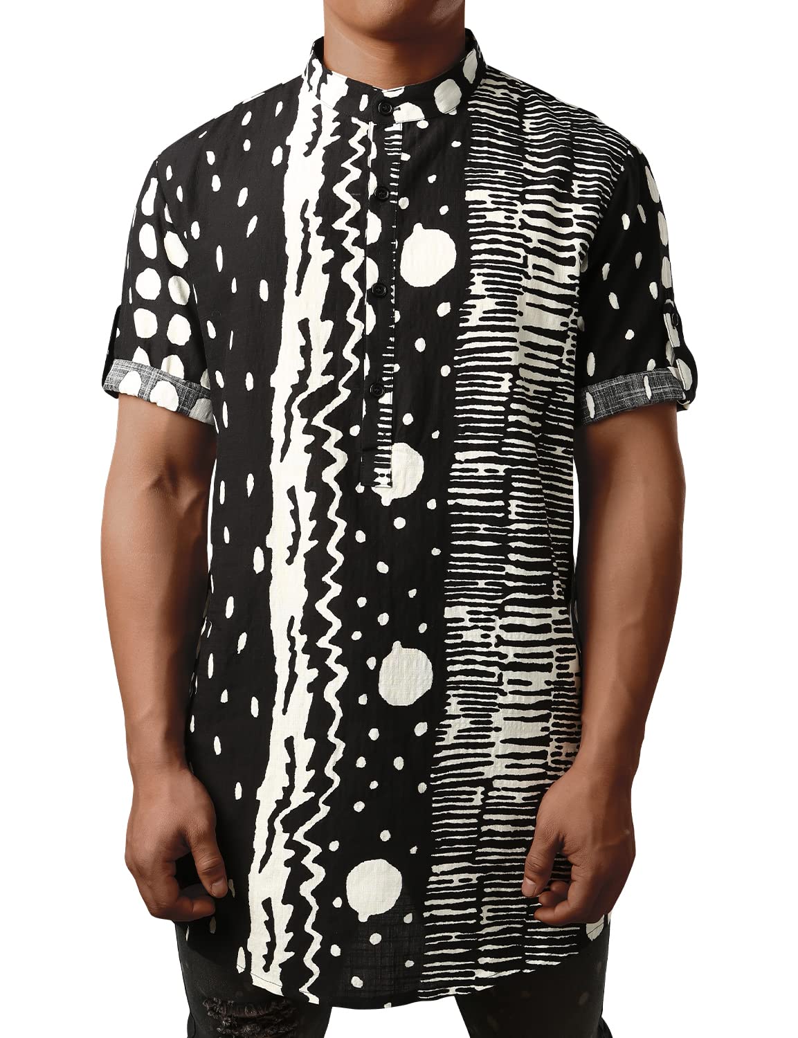 JOGAL Mens African Shirt Striped Henley Dashiki Shirts Short Sleeve