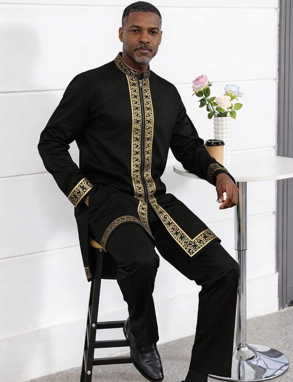 Mens African 2 Piece Set Nigerian Dashiki Shirt and Pants Outfit Gold Metallic Traditional Suit for Wedding Party Vacation