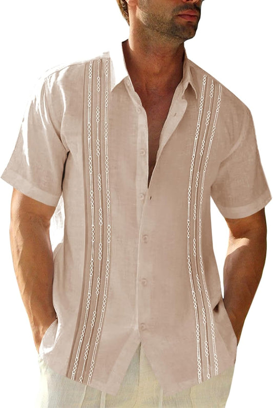 Runcati Mens Short Sleeve Guayabera Shirts Linen Button Down Cuban Shirt