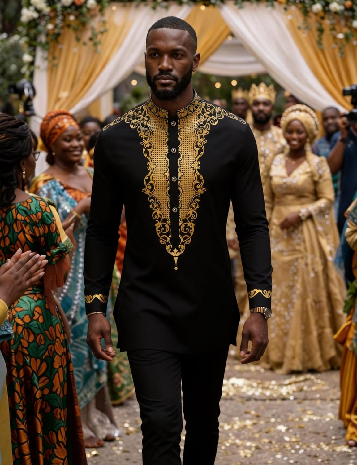 Mens Nigerian Dashiki Shirt African Print Tunic Top Button Placket Metallic Gold Stamp Traditional Clothing for Wedding Party
