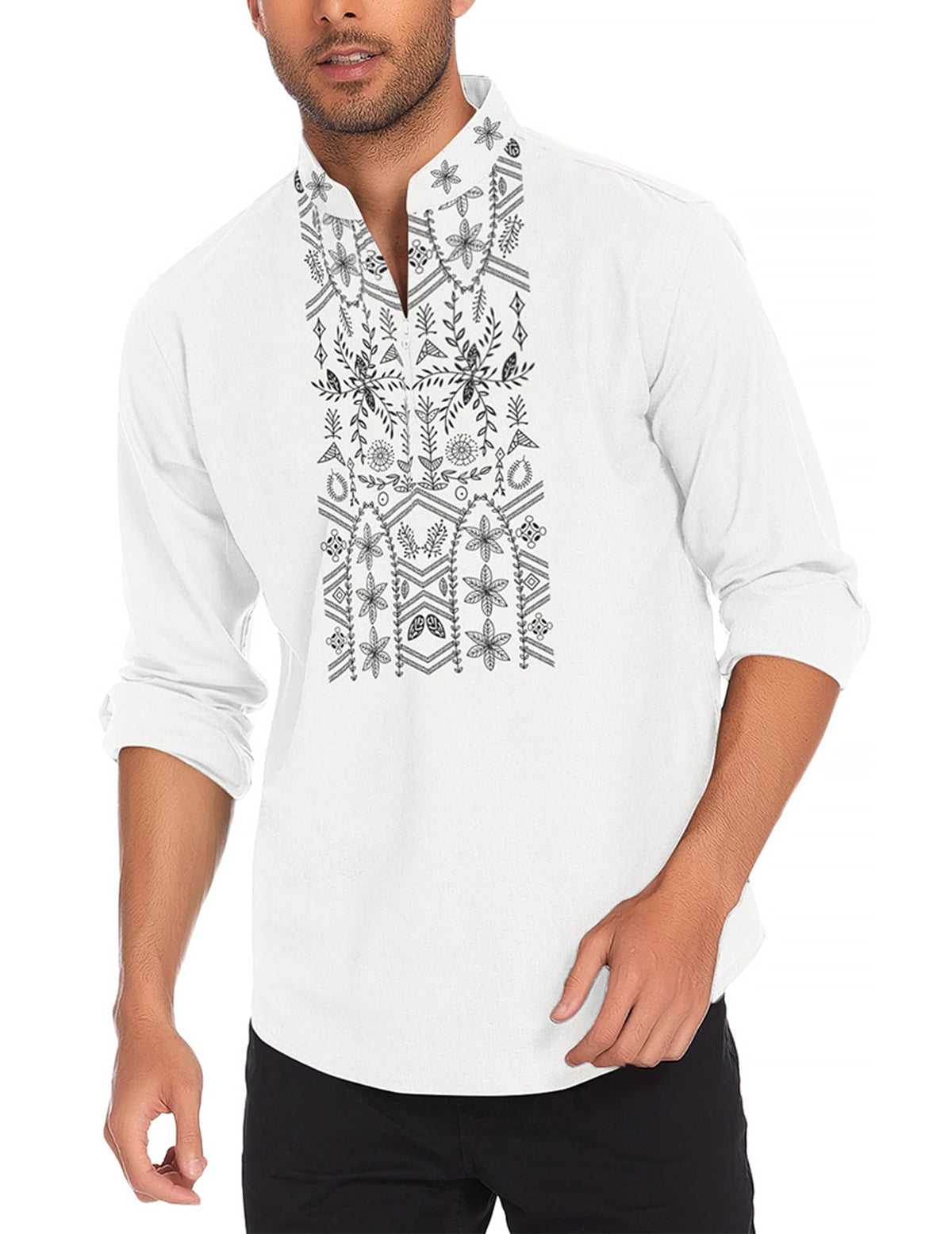 COOFANDY Men's Henley Shirt Vyshyvanka Long Sleeve African Print Shirts Casual Zip Up Cotton Linen Beach Hippie Shirt