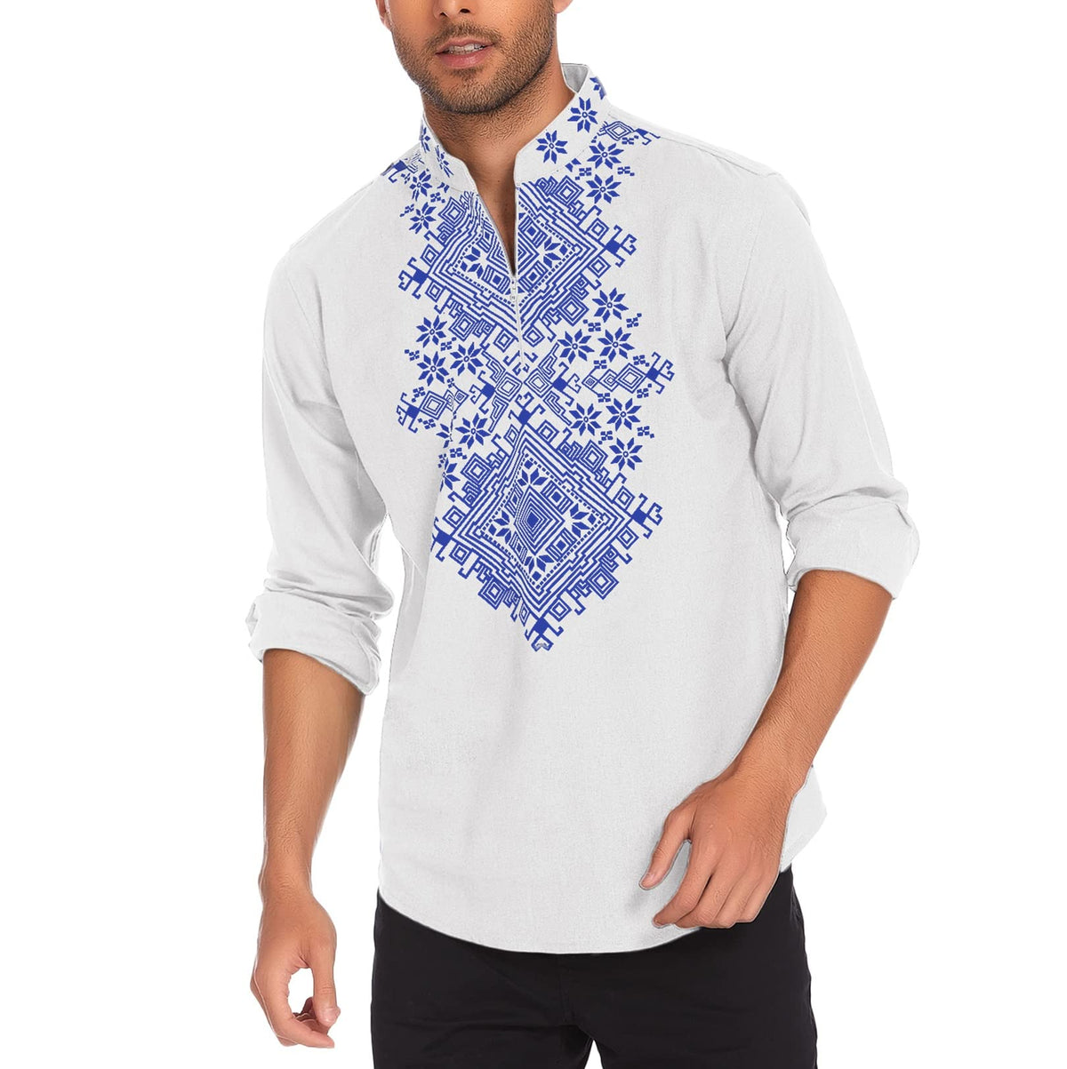 COOFANDY Men's Henley Shirt Vyshyvanka Long Sleeve African Print Shirts Casual Zip Up Cotton Linen Beach Hippie Shirt