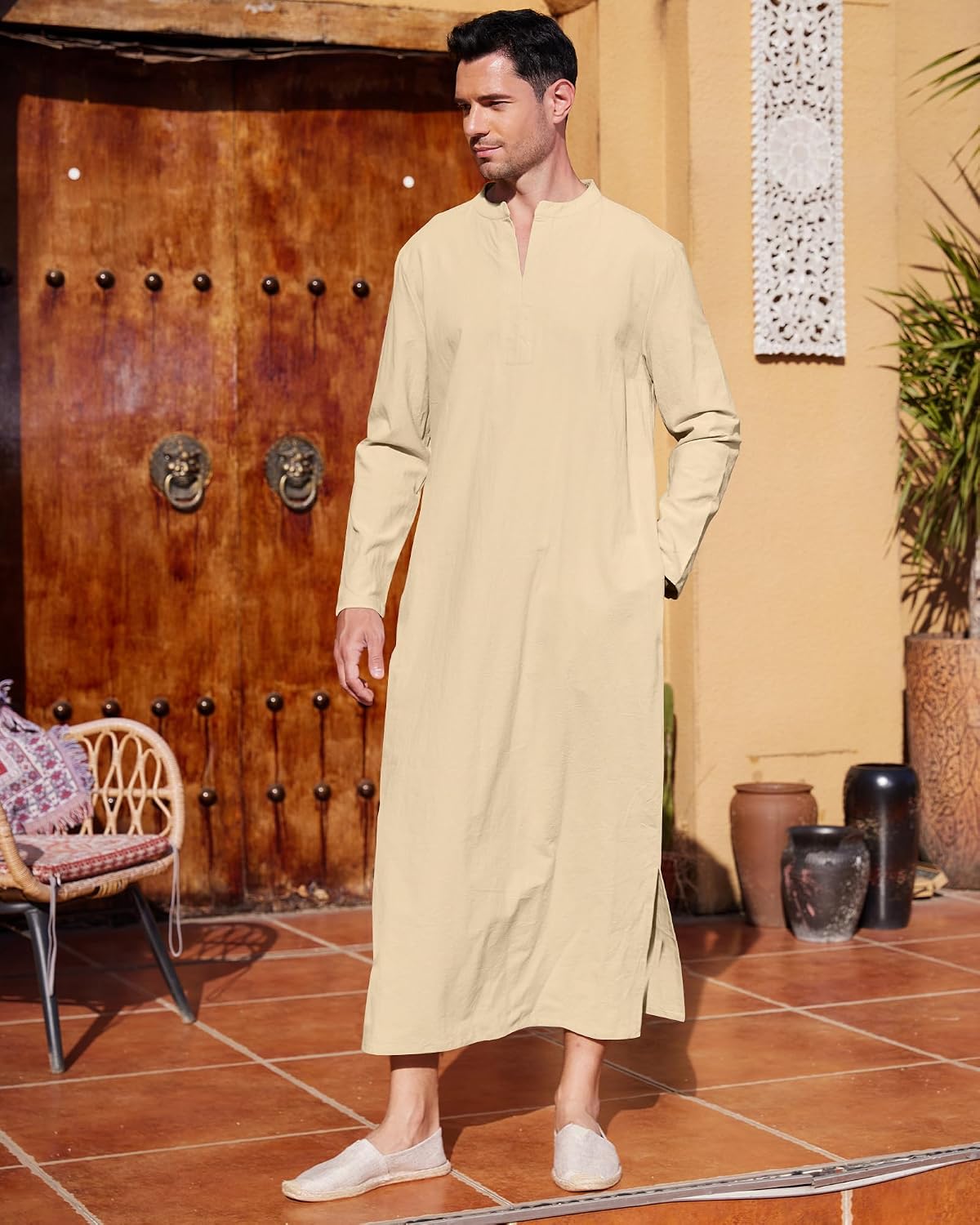 LVCBL Kaftan Thobe for Men Big And Tall Muslim Robe Mens Long Sleeve Caftan