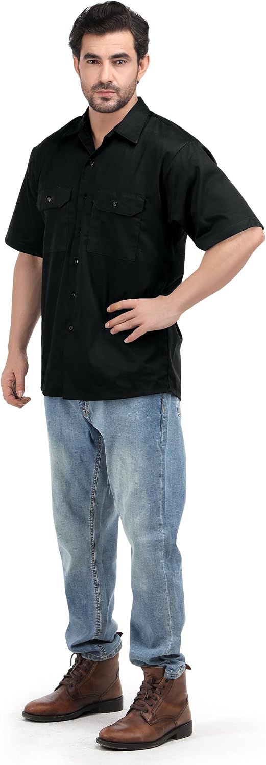 Breathable Cotton Blend Work Shirt for Men Button Up Short Sleeve 2 Pockets