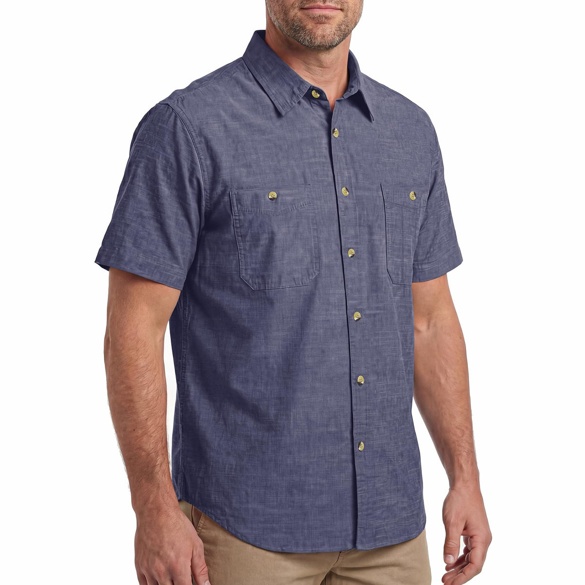 HISEA Men's Short Sleeve Chambray Shirt, Button Down Regular Fit Shirt