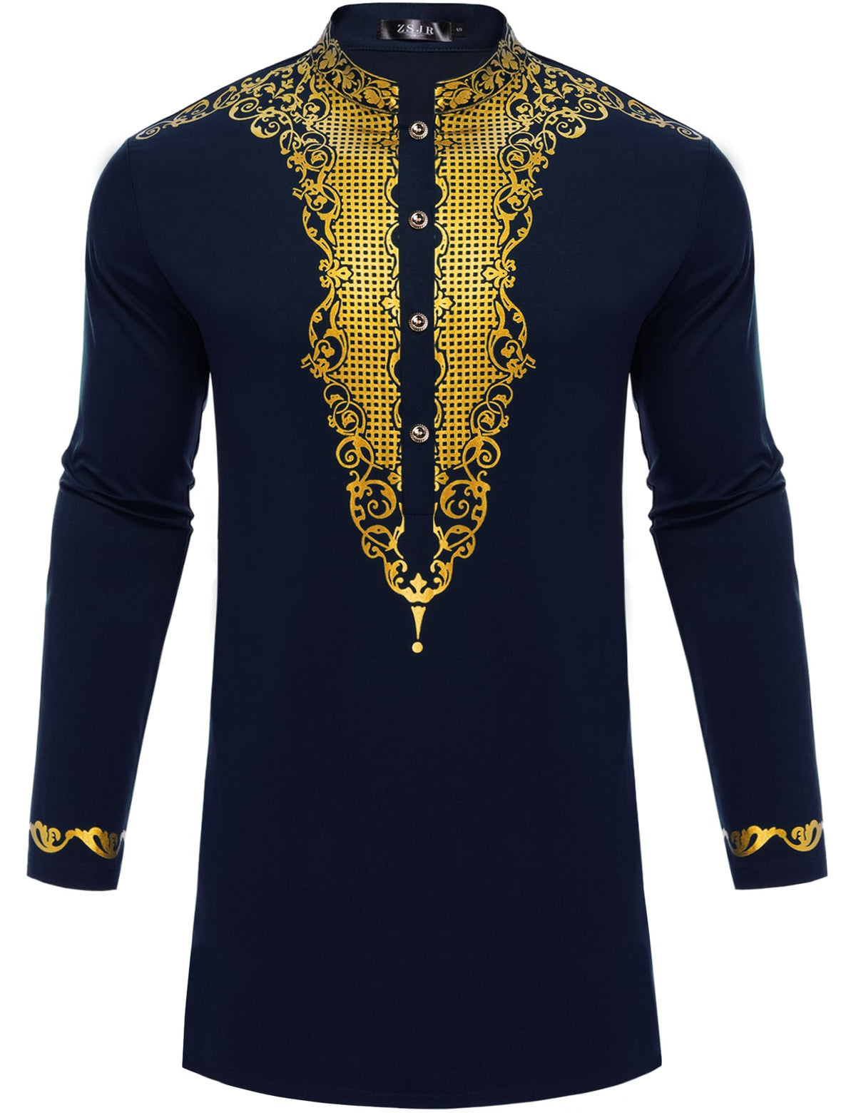 Mens Nigerian Dashiki Shirt African Print Tunic Top Button Placket Metallic Gold Stamp Traditional Clothing for Wedding Party