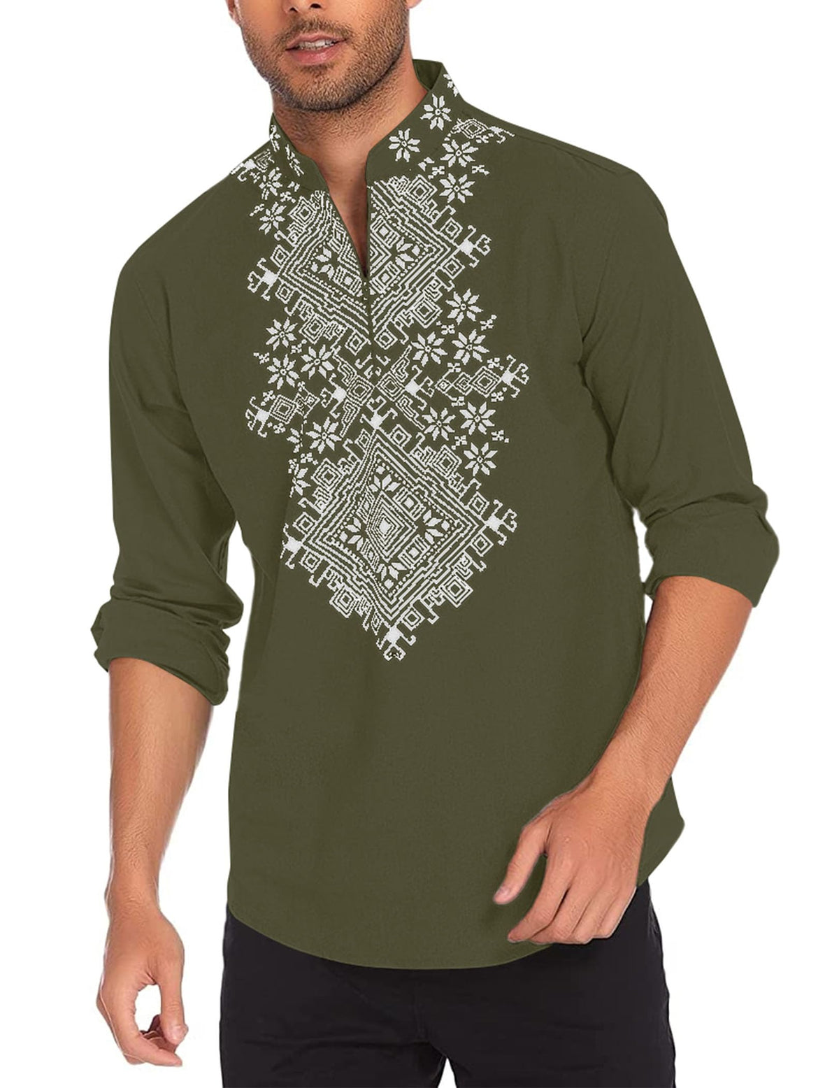 COOFANDY Men's Henley Shirt Vyshyvanka Long Sleeve African Print Shirts Casual Zip Up Cotton Linen Beach Hippie Shirt