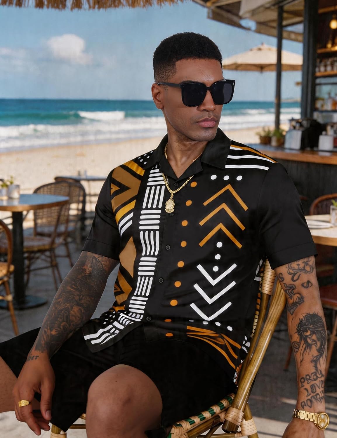 Mens African Dashiki Kente Printed Cuban Collar Button Down Shirts