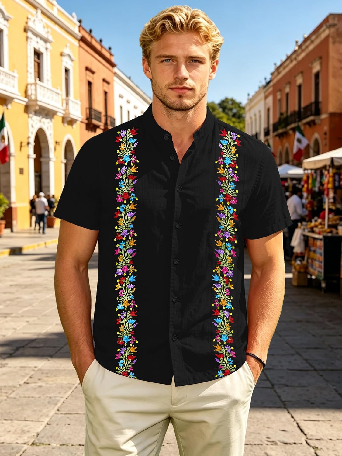 Mexican Shirts for Men Guayabera Tshirt Floral Embroidered Button Down