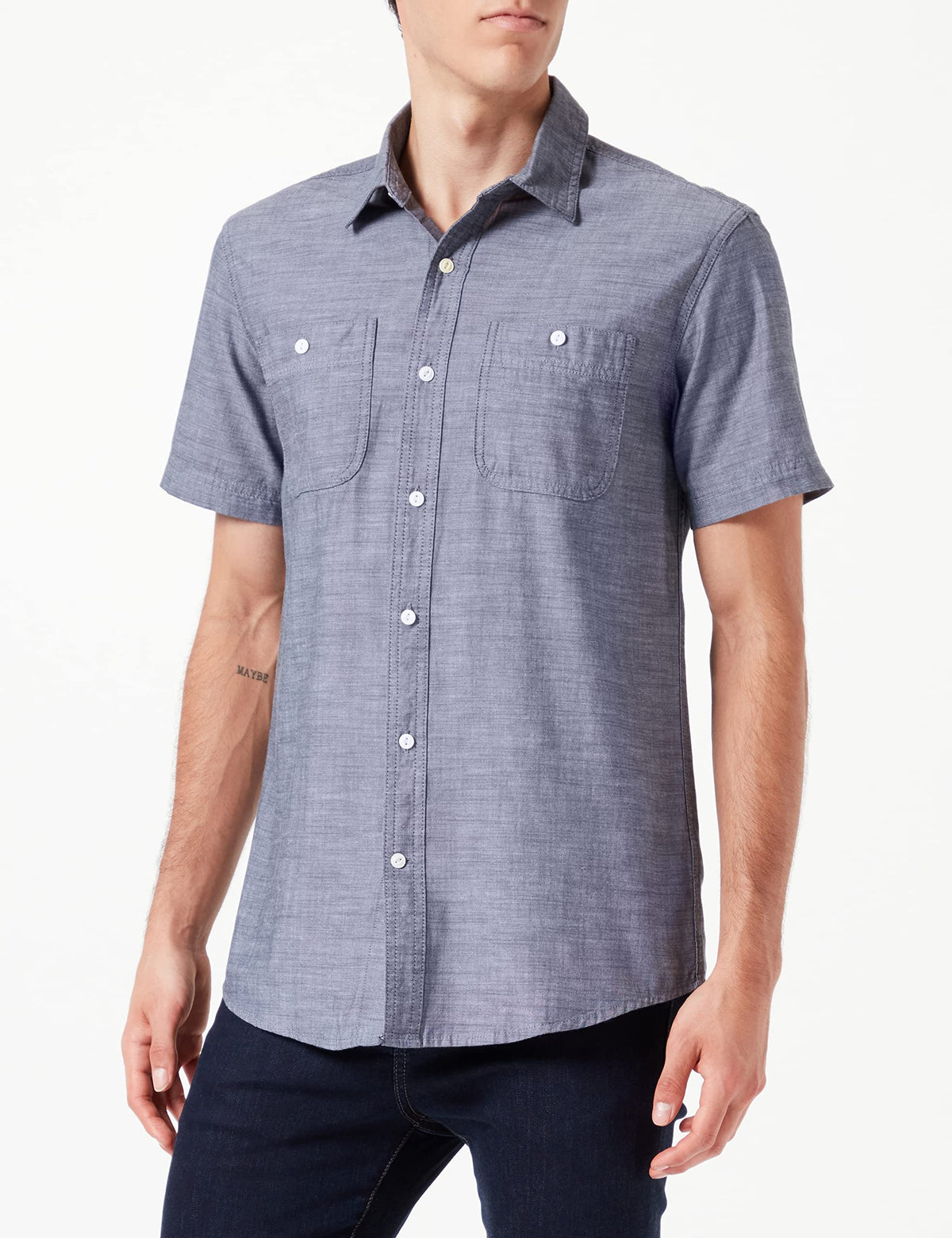 Amazon Essentials Men's Regular-Fit Short-Sleeve Button-Down 100% Cotton Chambray Shirt
