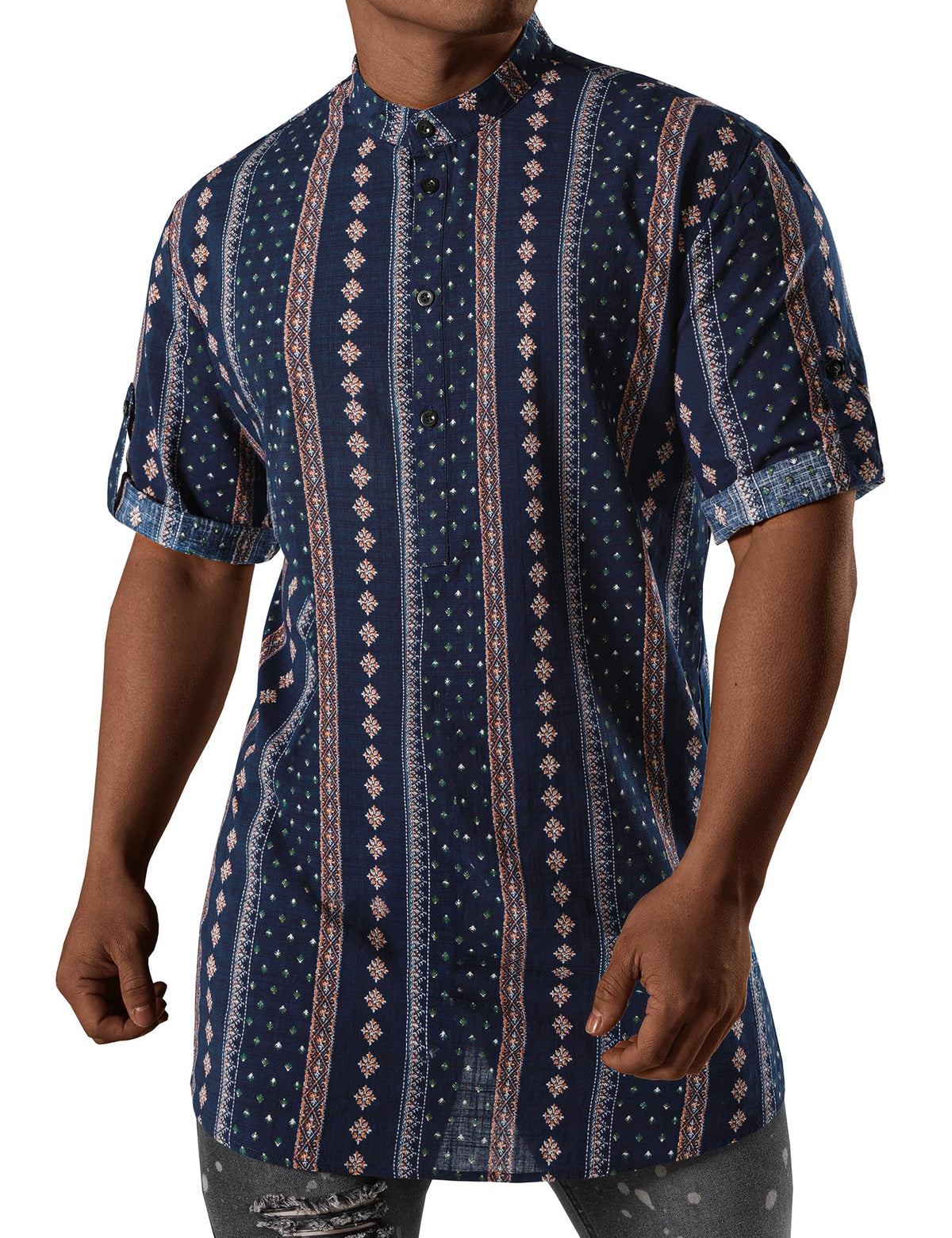 JOGAL Mens African Shirt Striped Henley Dashiki Shirts Short Sleeve