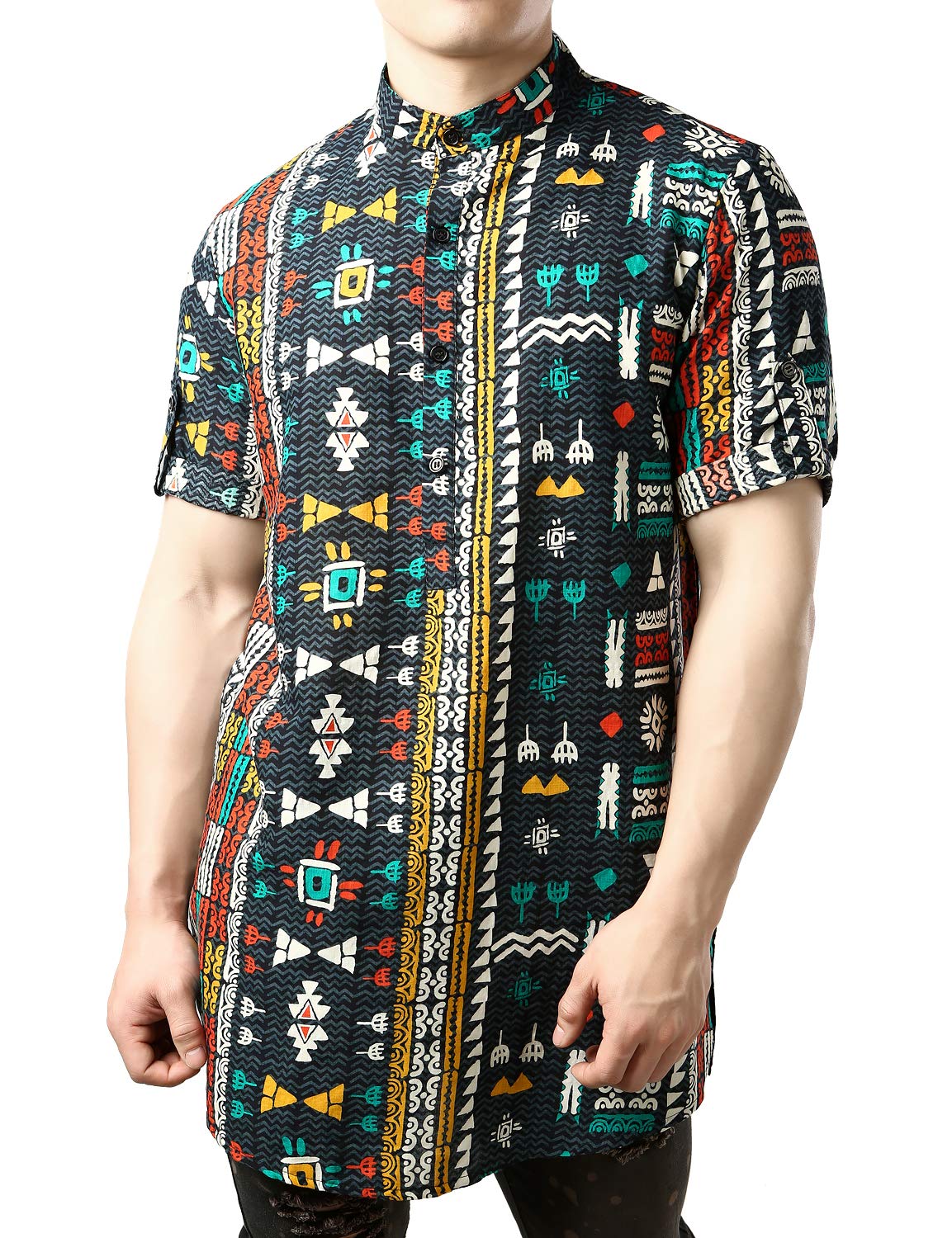 JOGAL Mens African Shirt Striped Henley Dashiki Shirts Short Sleeve