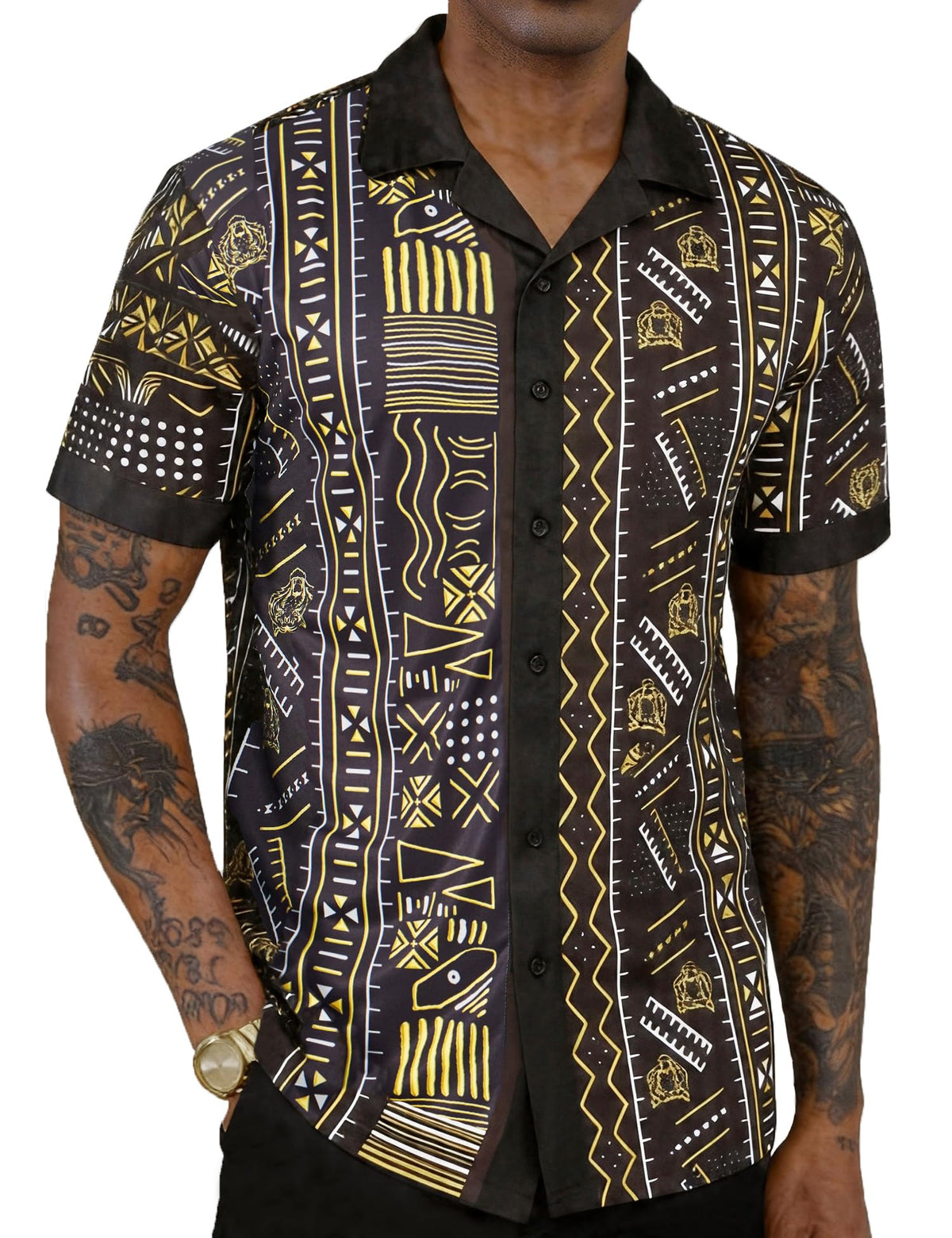 Mens African Dashiki Kente Printed Cuban Collar Button Down Shirts