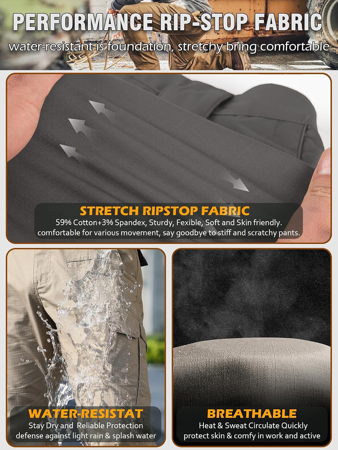 CARWORNIC Men's Stretch Cargo Work Pants Flex Ripstop Water Resistant Utility Tactical Hiking Pants with 12 Pockets