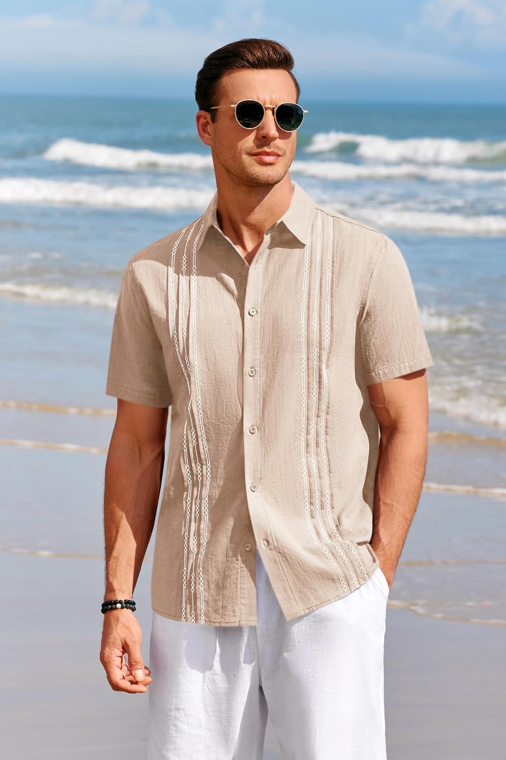 Runcati Mens Short Sleeve Guayabera Shirts Linen Button Down Cuban Shirt