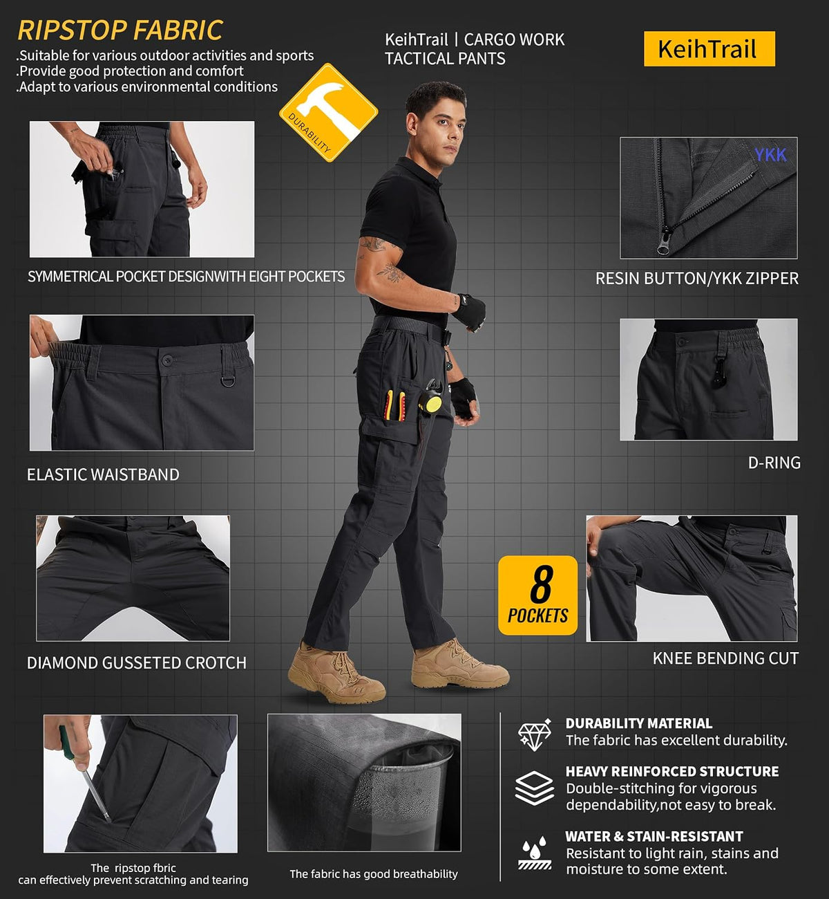 Tactical Work Cargo Hiking Mens Pants-Ripstop Breathable Lightweight Water Resistant-EDC with 8 Pocket