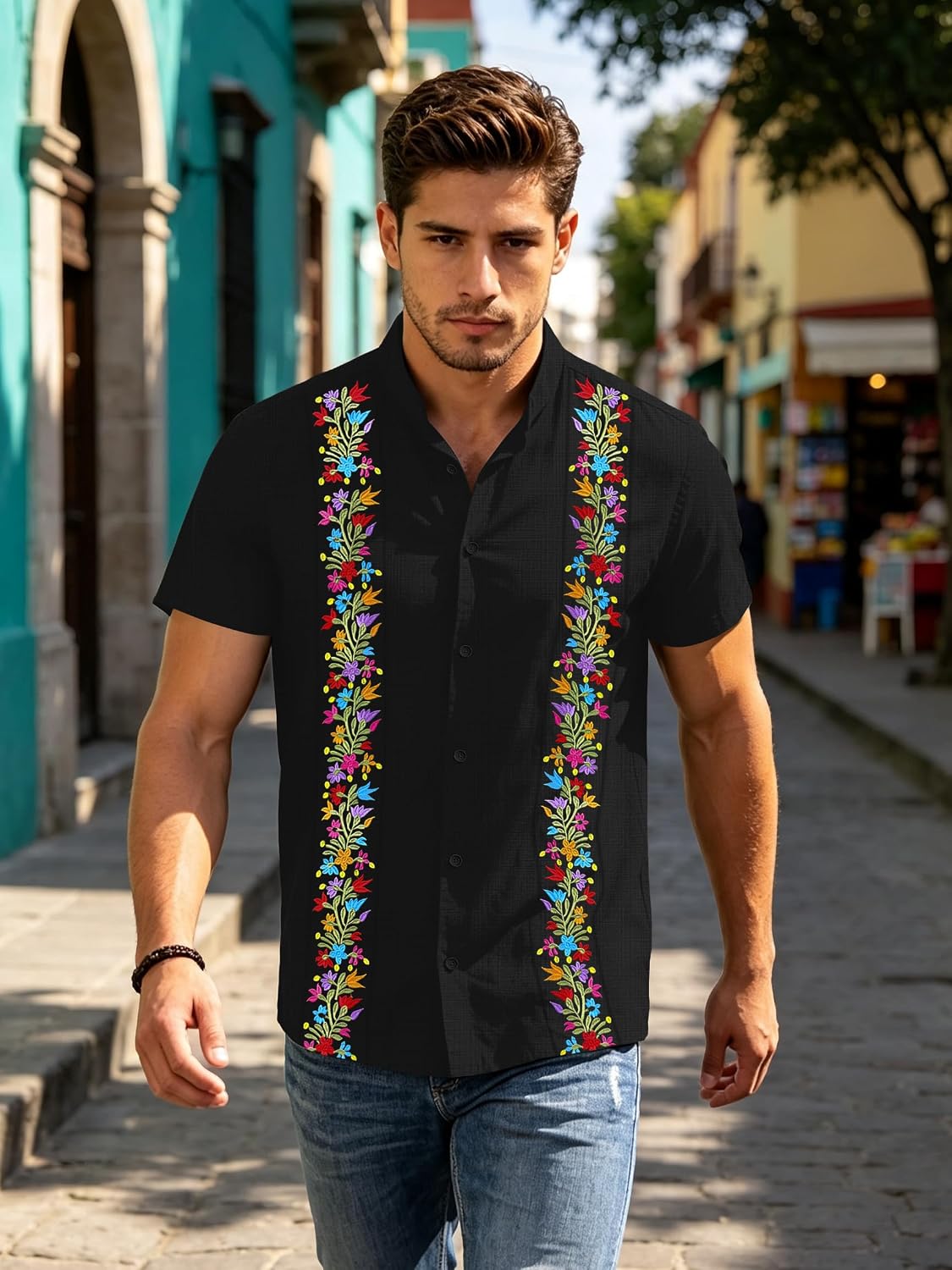 Mexican Shirts for Men Guayabera Tshirt Floral Embroidered Button Down