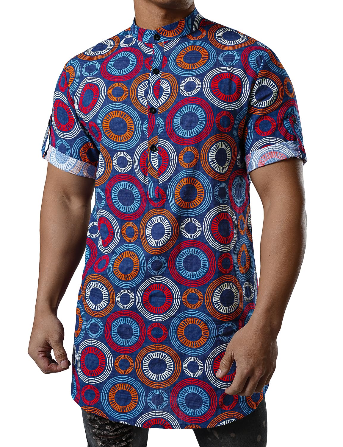 JOGAL Mens African Shirt Striped Henley Dashiki Shirts Short Sleeve