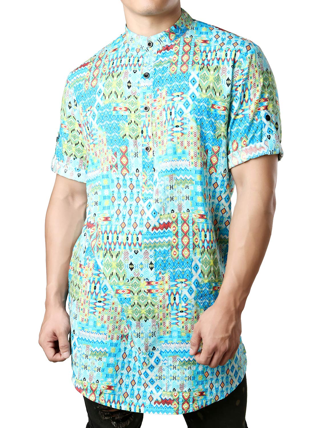 JOGAL Mens African Shirt Striped Henley Dashiki Shirts Short Sleeve