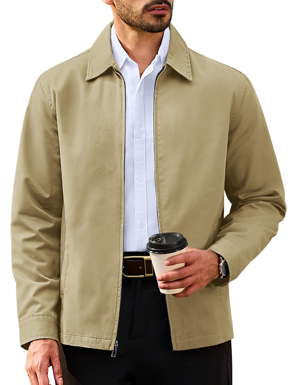 TACVASEN Men's Cotton Jacket Full Zip Up Work Jackets Turndown Collar Business Casual Windbreaker with 3 Pockets