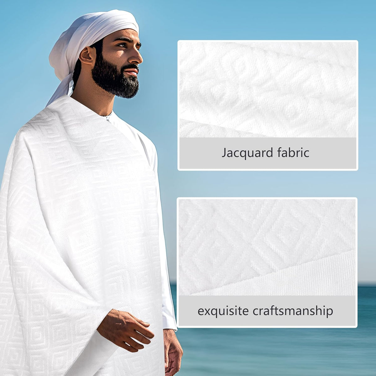DIAOJIA® Muslim Men's Prayer Shawl,Pilgrimage Towel White Traditional Arabic Hajj Shawl, Polyester Terry Cloth Material, 110x210 cm, 2-Piece Set with Storage Bag (White)