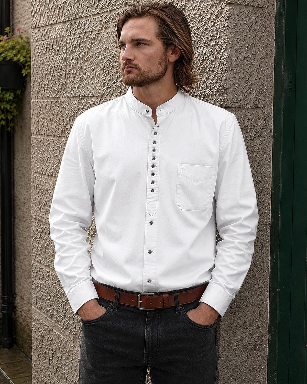 The Celtic Ranch Collarless Shirt for Men, Irish Grandfather Cotton-Linen