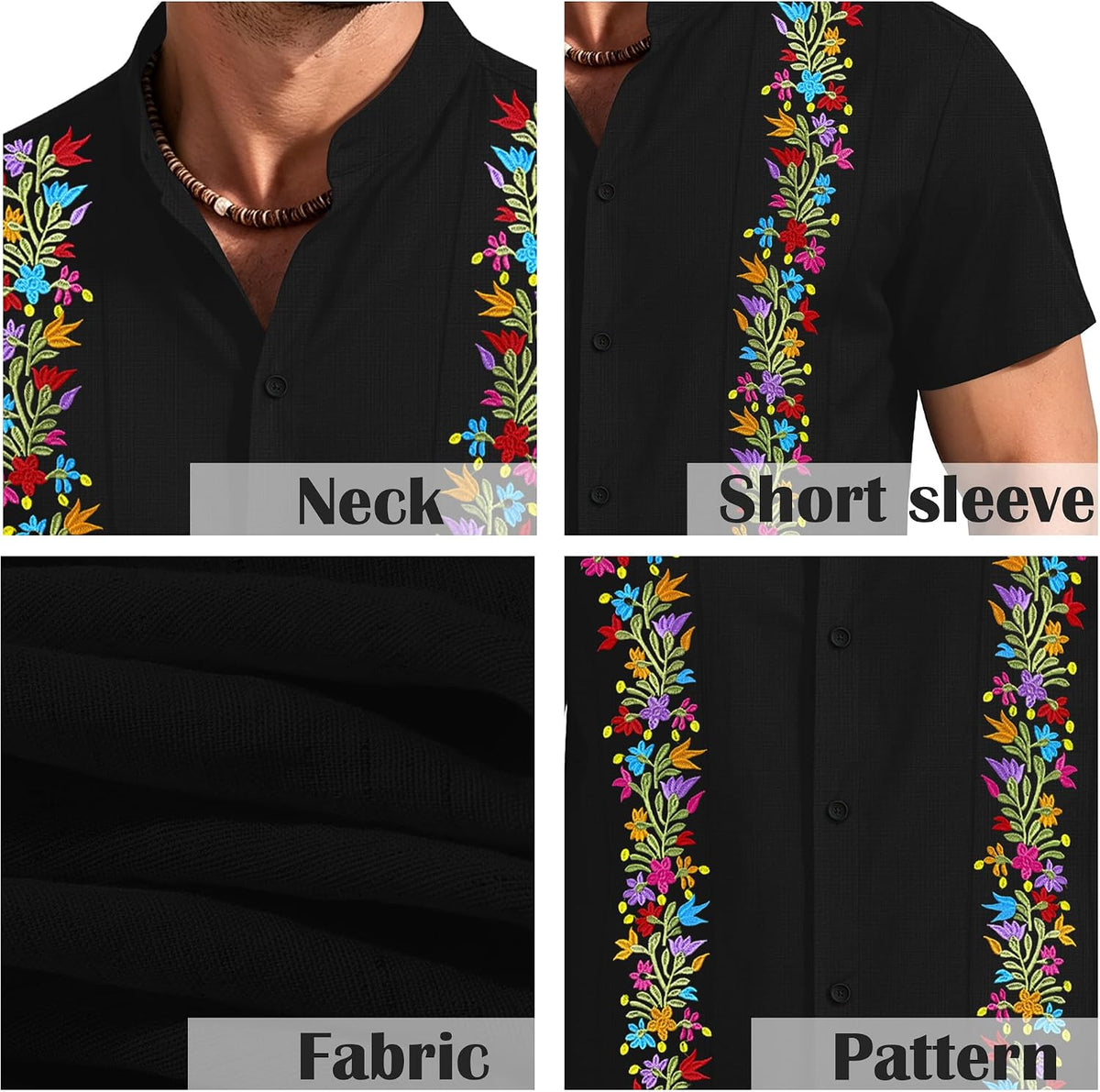 Mexican Shirts for Men Guayabera Tshirt Floral Embroidered Button Down
