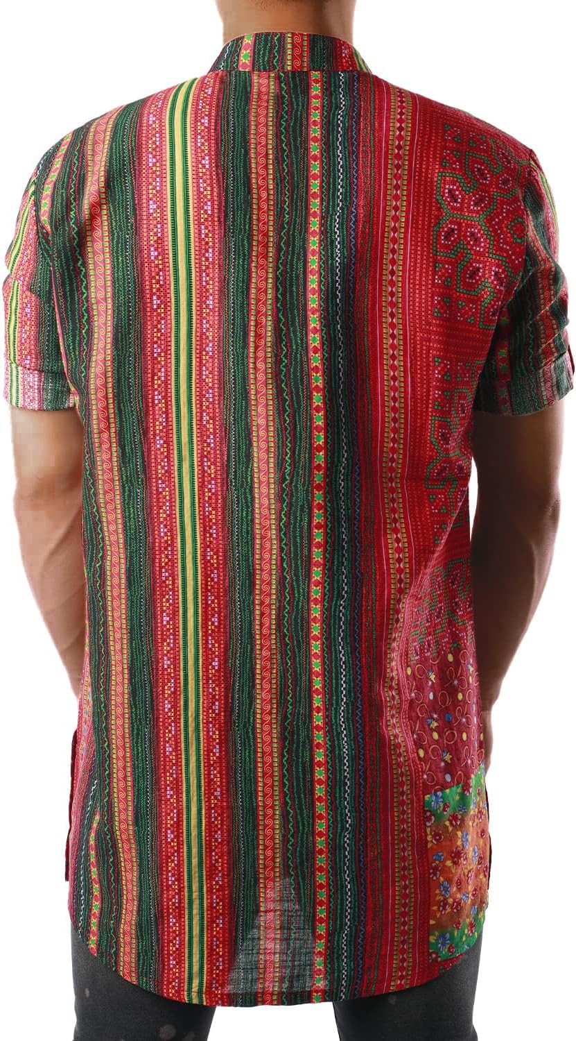 JOGAL Mens African Shirt Striped Henley Dashiki Shirts Short Sleeve