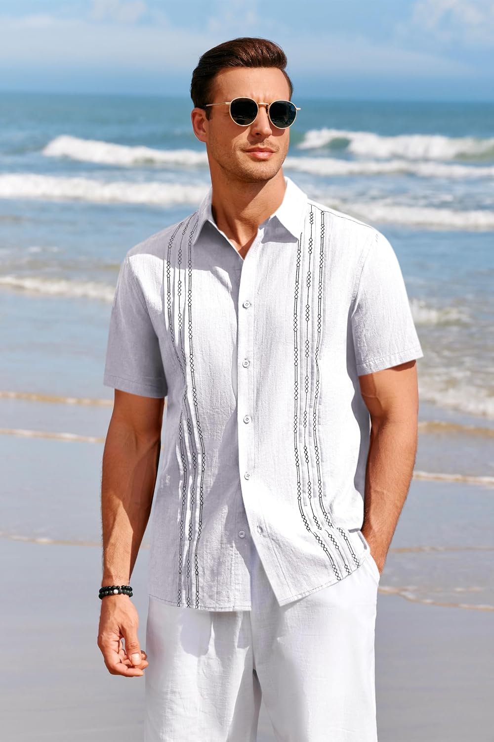 Runcati Mens Short Sleeve Guayabera Shirts Linen Button Down Cuban Shirt