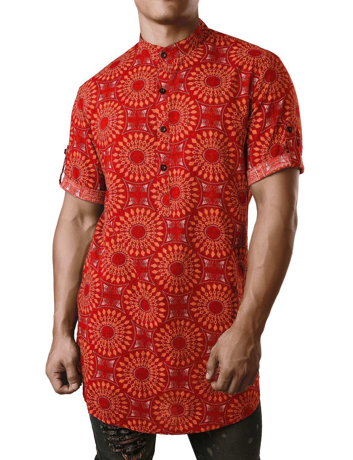 JOGAL Mens African Shirt Striped Henley Dashiki Shirts Short Sleeve