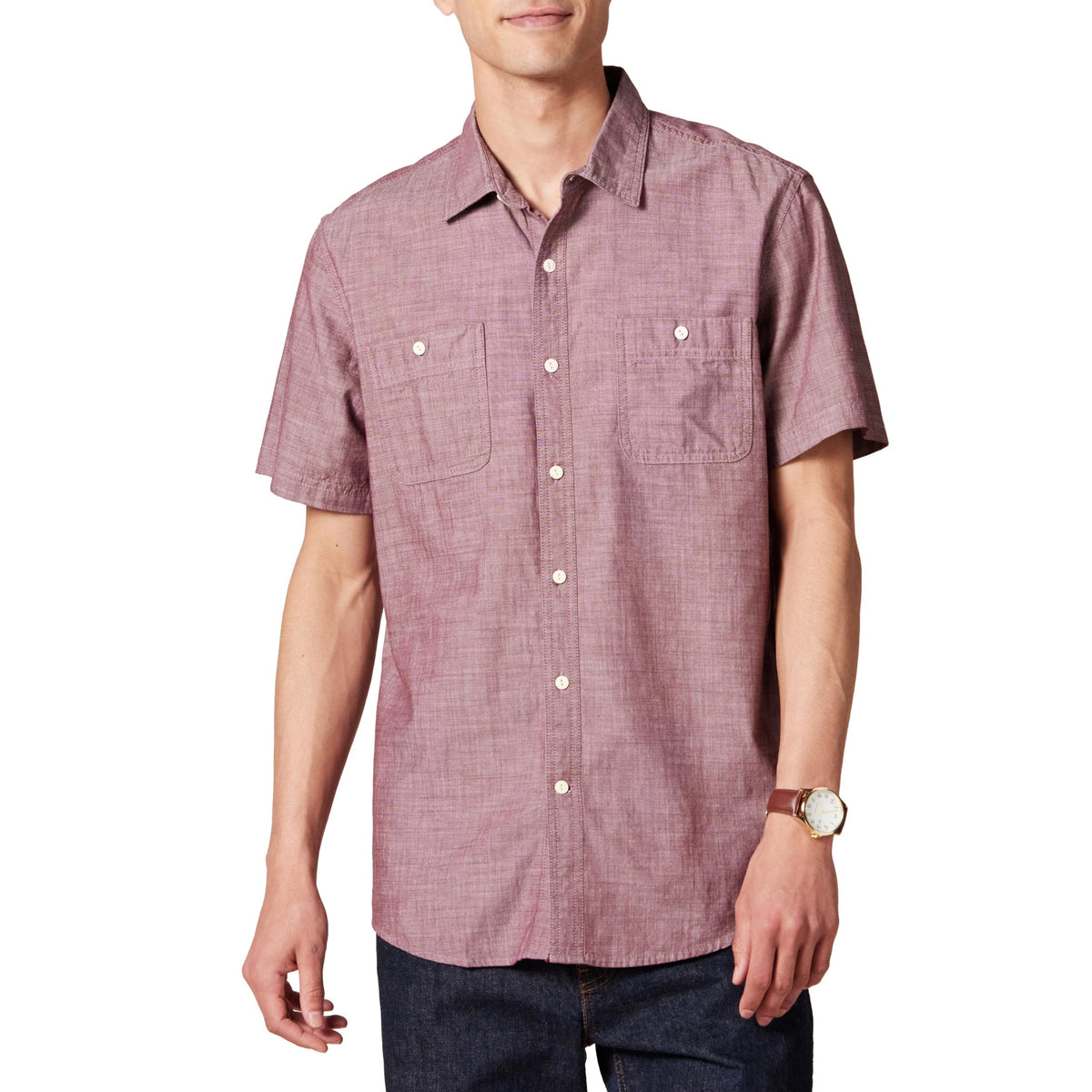 Amazon Essentials Men's Regular-Fit Short-Sleeve Button-Down 100% Cotton Chambray Shirt